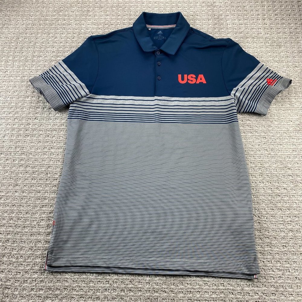Adidas Golf Shirt Men Medium M Gray Navy Blue Striped Team USA Activewear Polo